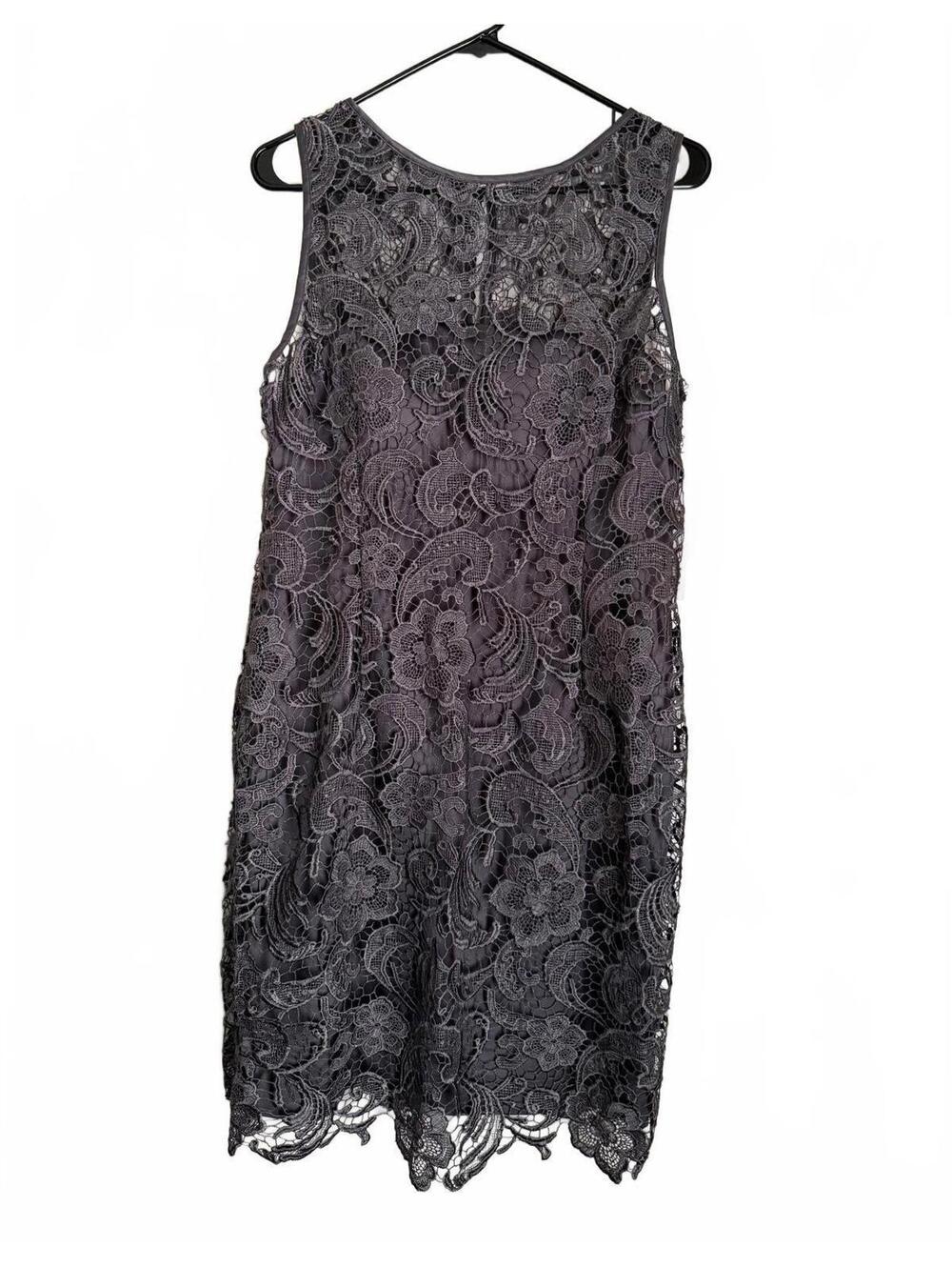 NEW Adrianna Papell Evening Dress Size 14P Grey Lace Coquette Quiet Luxury Glam